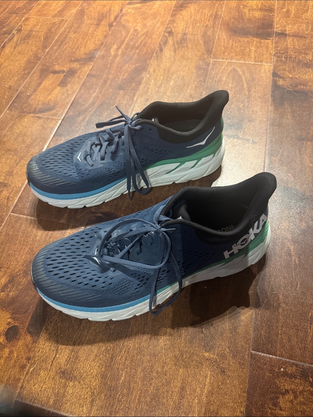 Hoka Men's Navy Blue Running Shoes with Green and White Accents